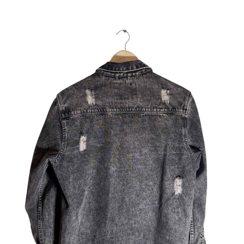 American Bazi Distressed Denim Jacket Oversized Black Jean Button Size Medium - Picture 6 of 6